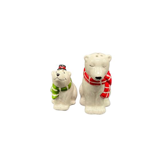 Mother & Son Polar Bear Salt & Pepper Shakers Holiday Green & Red Mufflers - Picture 1 of 5